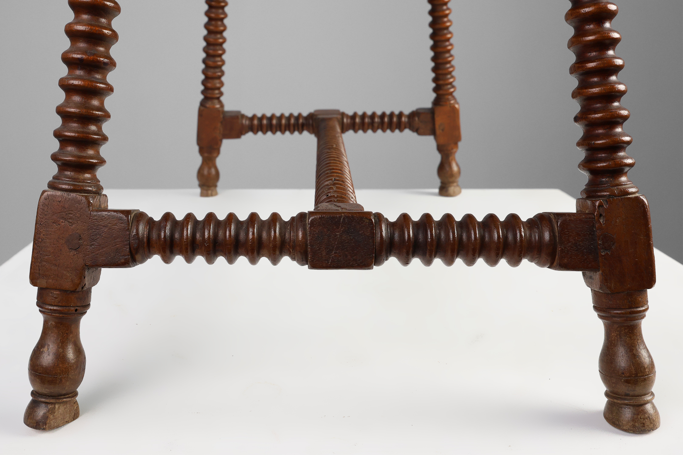 Antique Oak Side Table with Turned Legs and Stretcher Base, Spain, 17th Centurythumbnail